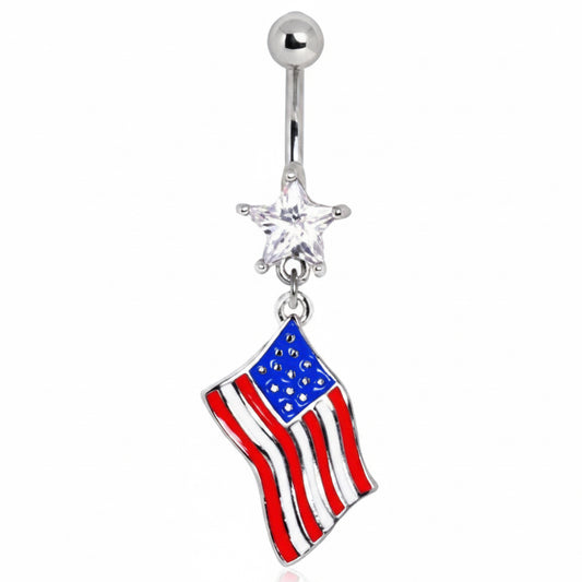 14GA 316L Stainless Steel CZ Crystal Star with Dangling American Flag Belly Button Ring